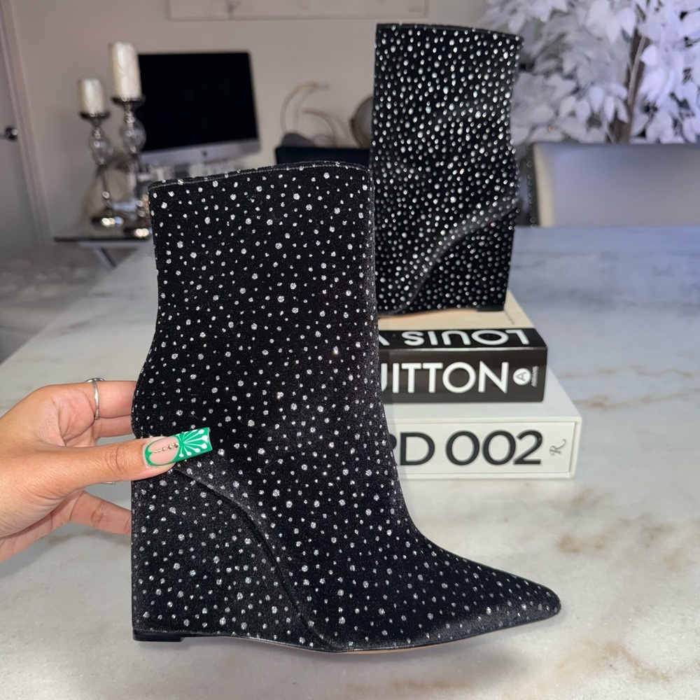 New Alexandre Birman Myra Black Velvet Wedge Bootie Boot Womens 37 Witchy Gothic - Picture 2 of 13